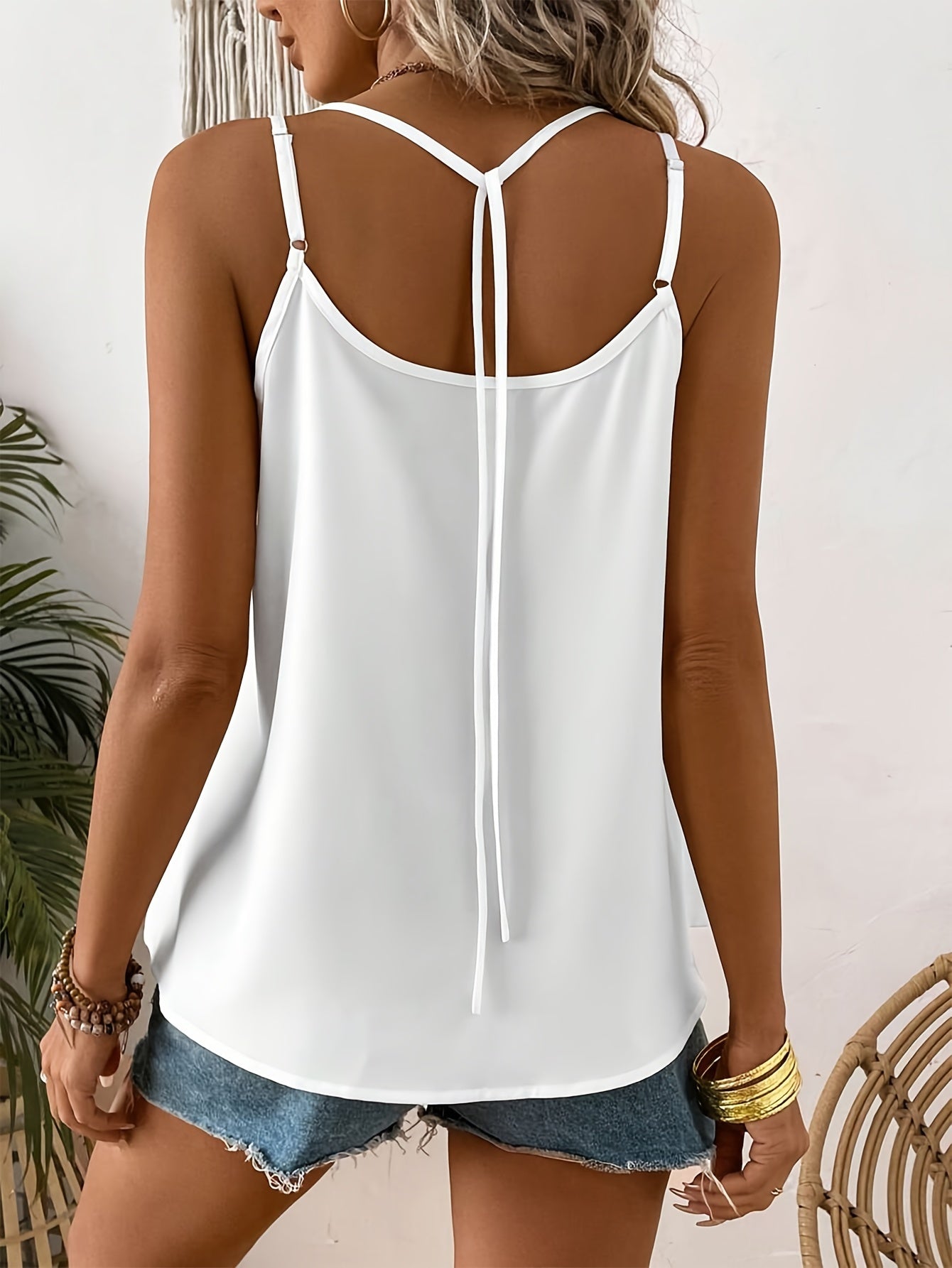 V Neck Spaghetti Strap Cami Top - Elegant Solid Color Sleeveless Shirt with Fake Buttons for Spring and Summer - Womens Regular Length Dacron and Spandex Semi-Sheer Woven Clothing