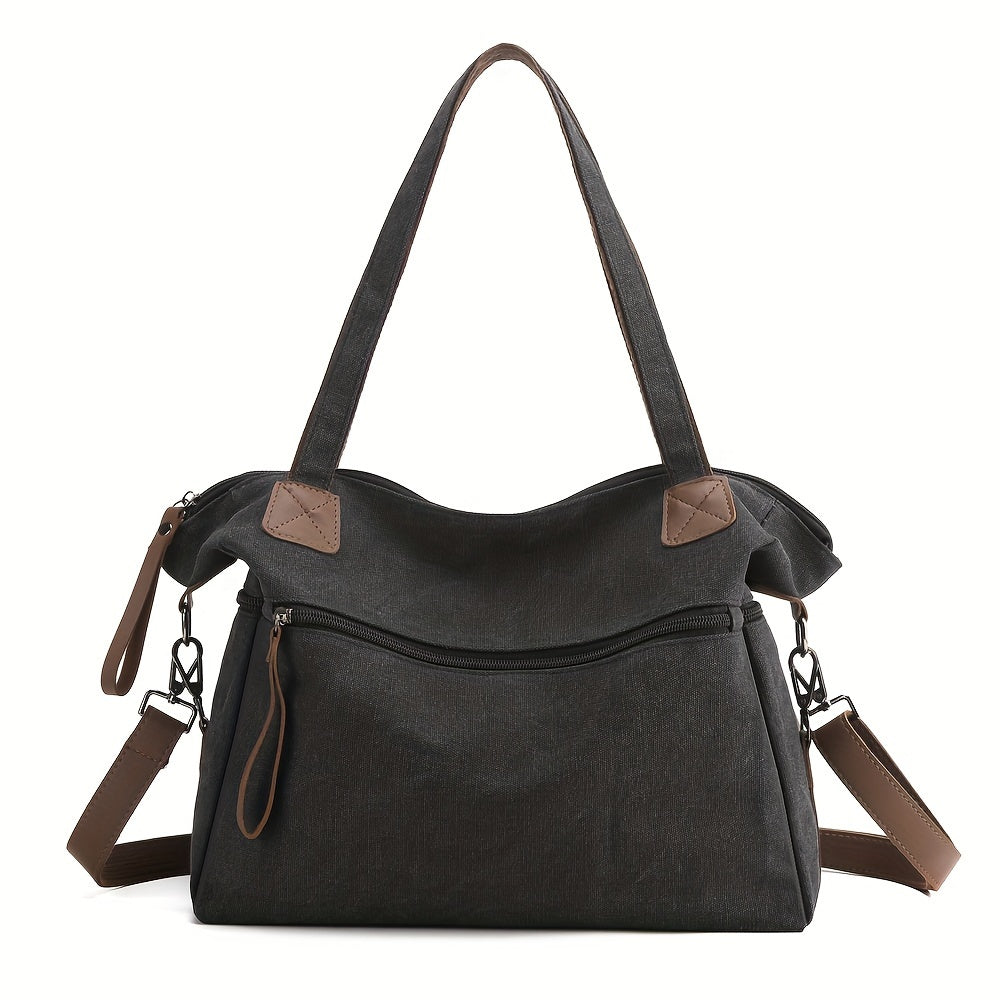 Large Capacity Vintage Style Canvas Tote Bag for Women - Adjustable Strap, Zipper Closure, Polyester Lined, Versatile for Work, Commuting, and Travel