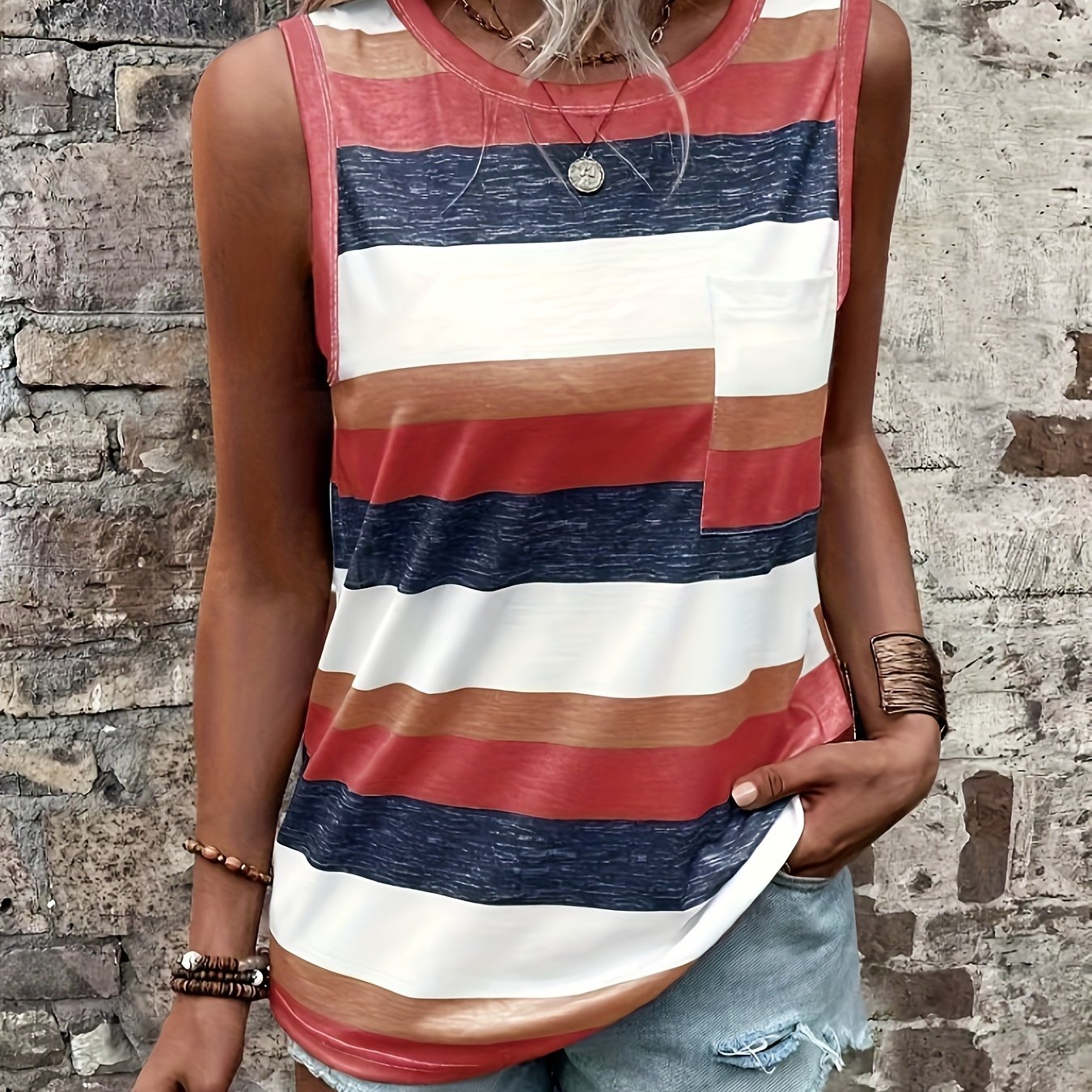 Vibrant Striped Crew Neck Tank Top - Soft Micro Elasticity Polyester Fabric, Elegant Knit Sleeveless Design, Random Printed, Perfect for Summer - Womens Casual Wear