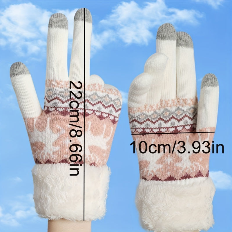 Cozy Fleece-Lined Winter Gloves with Cute Deer Jacquard Design - Touchscreen Compatible, Warm & Windproof for Outdoor Activities
