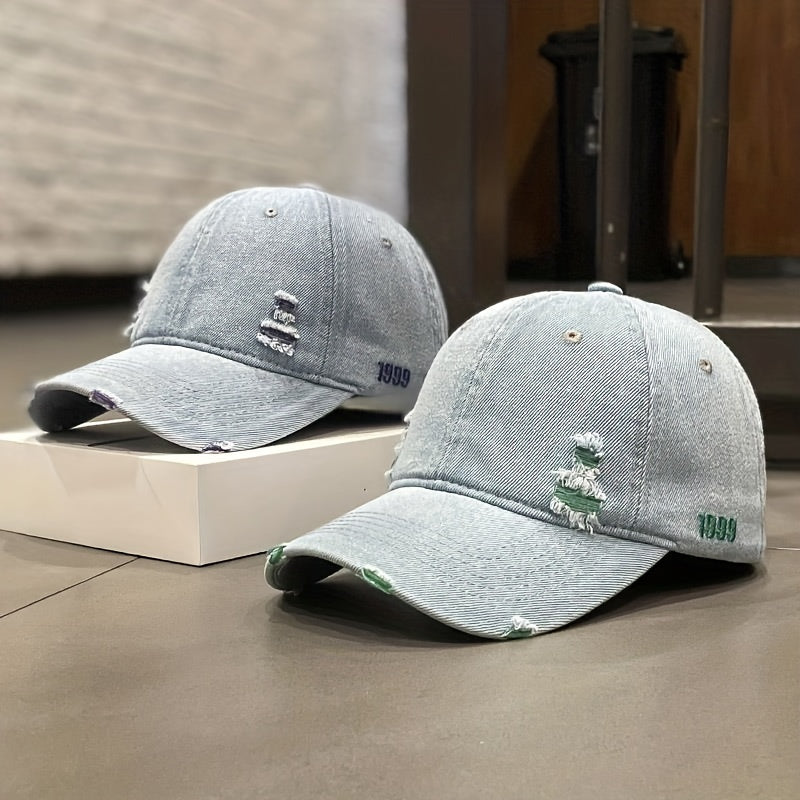 Trendy 1pc Distressed Denim Cap - Rugged Style – Versatile for Casual Wear in Spring to Autumn