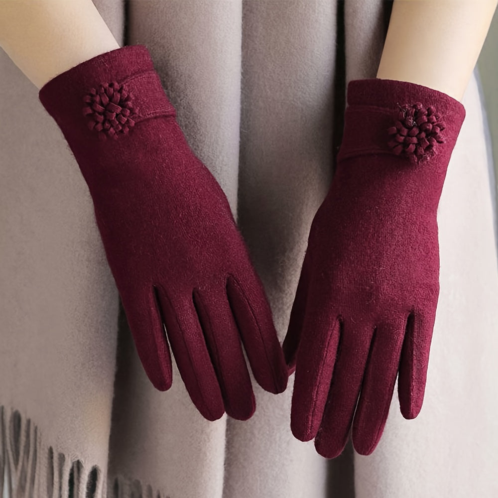 Simple Daisy Flower Decor Gloves Elegant Solid Color Warm Touchscreen Gloves Autumn Winter Coldproof Riding Gloves