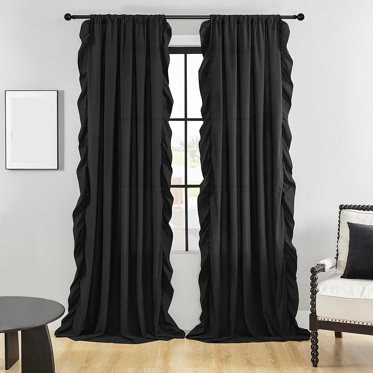 2-Panel French Romantic Ruffled Semi-Blackout Curtains - Elegant White Bay Window Balcony Decor for Living Room and Bedroom - Country Chic Home Decor with Soft Ruffles and Easy Hang Design
