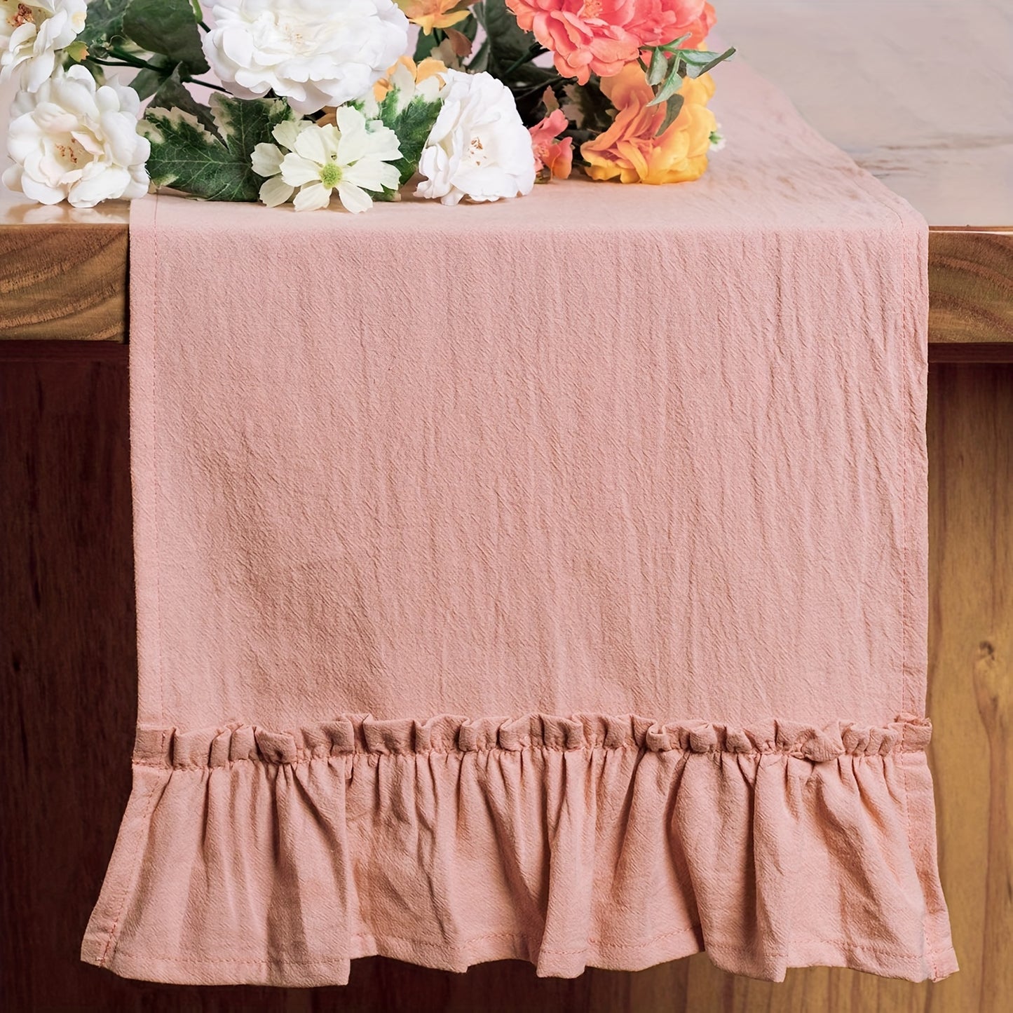 60" x 36" Pure White Polyester Ruffled Table Runner with Floral Edges for Christmas Holiday Theme - Rectangular Shape Woven Cover