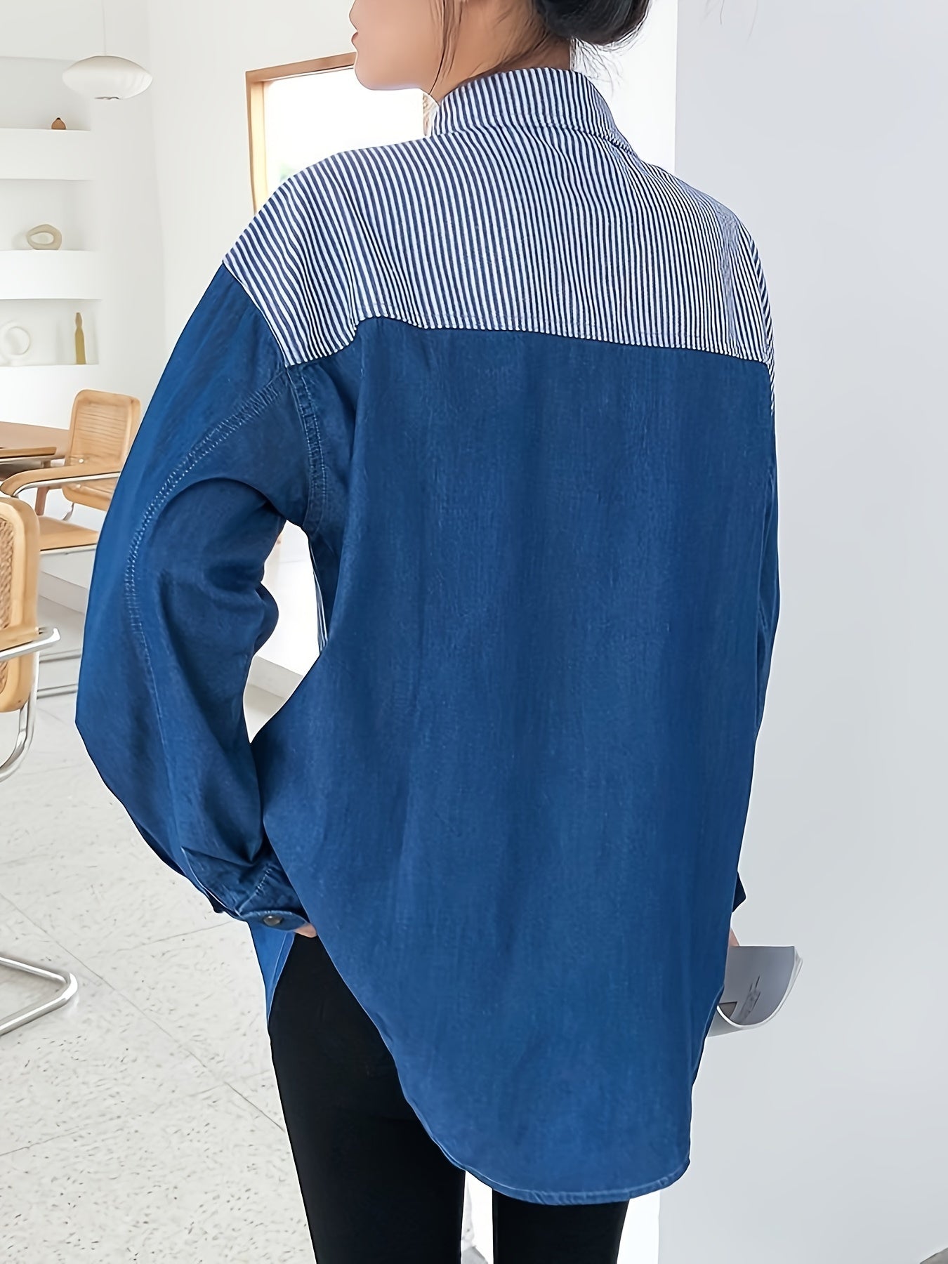 Long Sleeve Relaxed Fit Womens Denim Shirt Top - Soft Non-Stretch Fabric, Casual Polo Style, Color Block Patchwork Blue with Striped Details, Spring/Summer Collection, Button Front, Woven Construction
