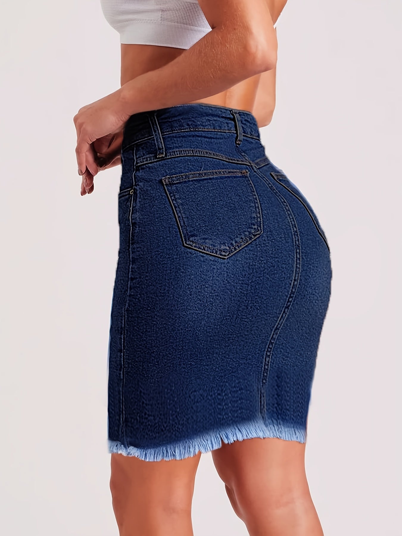 Stylish Dark Blue Slim Fit High Waist Denim Skirt - Women's Clothing, Raw Hem, Slash Pockets, High Denim, Short Denim Dress, Comfortable, Versatile, and Chic