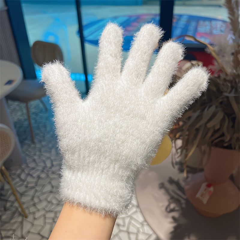 2pcs Elegant Solid Color Faux Mink Gloves - Warm, Stretchy Knit For Autumn & Winter | Non-Slip Grip, Perfect For Casual Outings