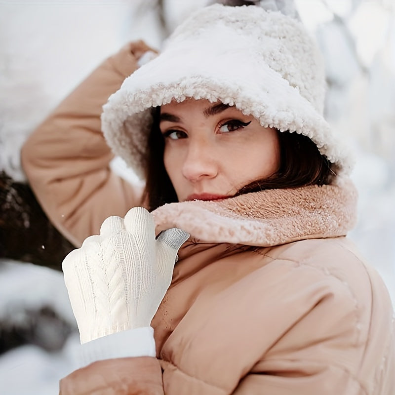 Touch Screen Winter Gloves for Women - Full Finger Knitted Acrylic Thermal Gloves with Thick Fleece Lining, Elastic Cuff, Warm and Decorative for Outdoor Activities