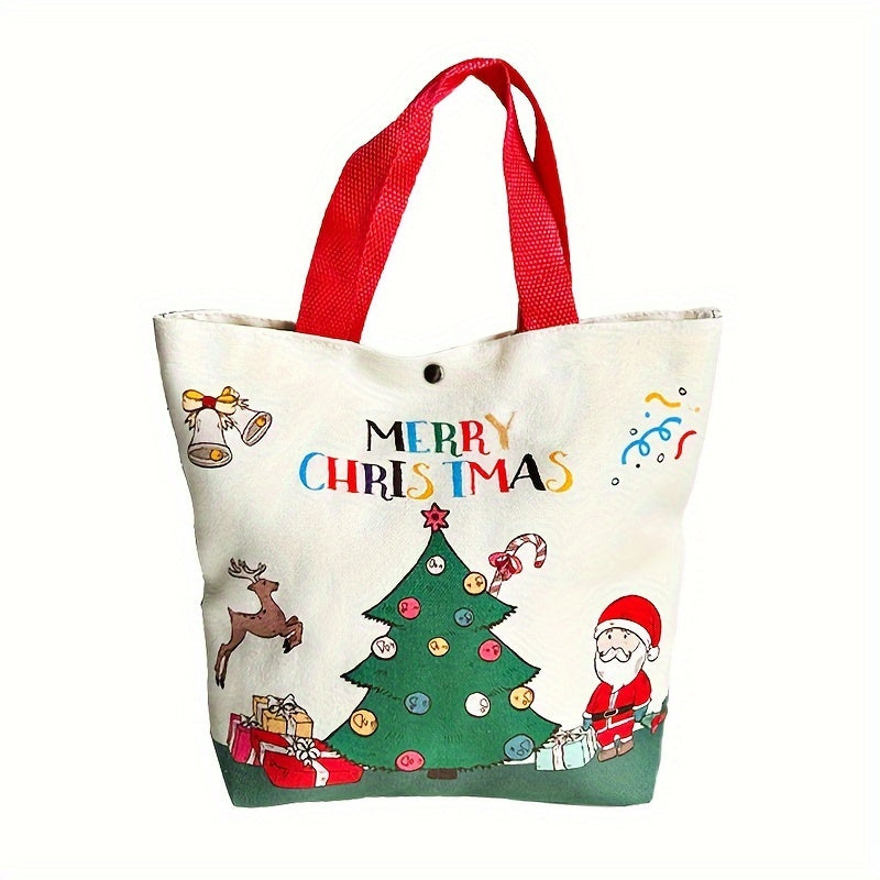 1pc Festive Canvas Tote Bag, Merry Christmas & Happy New Year 2025 Design, Santa Claus & Reindeer Print, Holiday Gift & Grocery Handbag, Uncharged, Durable Material