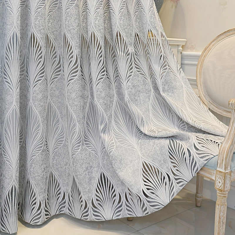 1pc European-Inspired Vintage Grey Hollow Feather Leaf Jacquard Woven Semi-Sheer Unlined Curtain with Grommet Top - Adds Elegance and Privacy to Your Living Room, Bedroom, Office, or Kitchen - Artsy, All-Season, Uncorded, and Easy to Hang