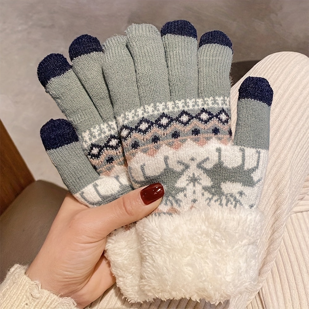 Cozy Fleece-Lined Winter Gloves with Cute Deer Jacquard Design - Touchscreen Compatible, Warm & Windproof for Outdoor Activities