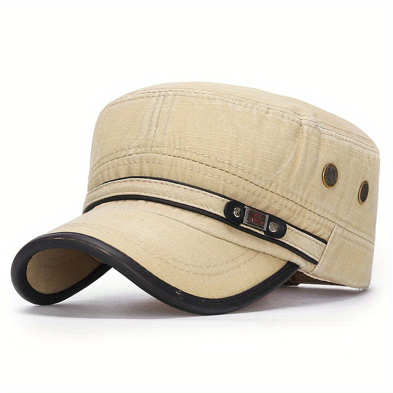 Stylish Unisex Leather Flat Top Hat - Men's Accessories, Military-Inspired Baseball Cap with Sun Protection, Adjustable One-Size-Fits-Most Design, and Vintage Washed Look