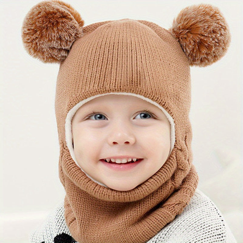 1pc Toddler Winter Beanie Hat Scarf, Kids Winter Warm Knit Hat With Pom, Children Soft Warm Beanie For Little Boys Girls Caps