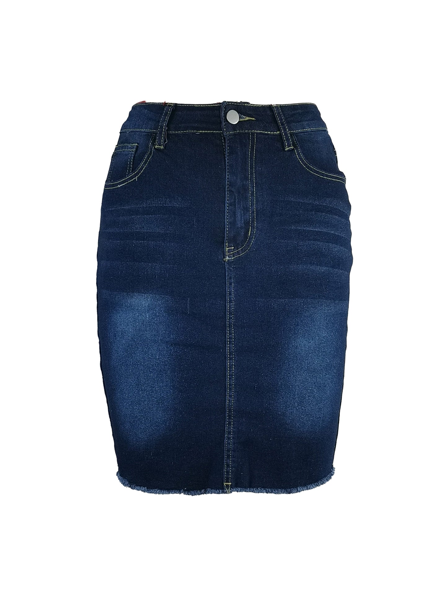 Stylish Dark Blue Slim Fit High Waist Denim Skirt - Women's Clothing, Raw Hem, Slash Pockets, High Denim, Short Denim Dress, Comfortable, Versatile, and Chic