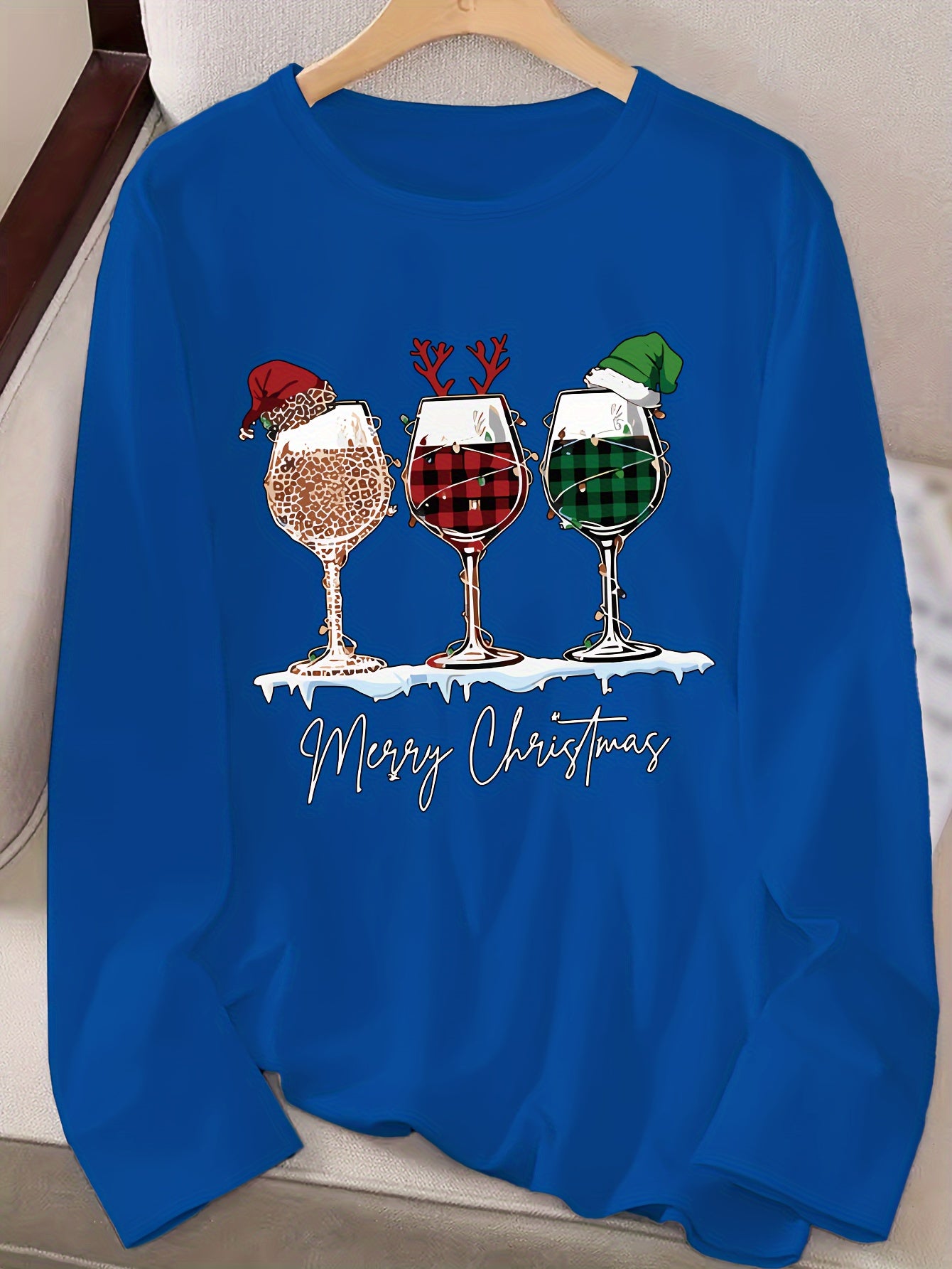 Women's Festive Christmas Wine Glass & Letter Print Long Sleeve T-Shirt - Casual Crew Neck, Polyester, Machine Washable