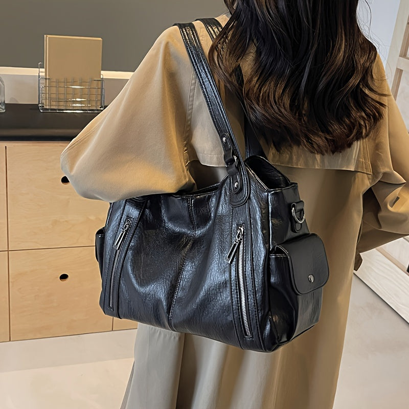 Vintage Chic Large Capacity PU Leather Shoulder Tote Bag - Stylish Women's Crossbody Bag with Maillard Finish, Multiple Pockets, and Adjustable Strap - Black and Coffee Color Options