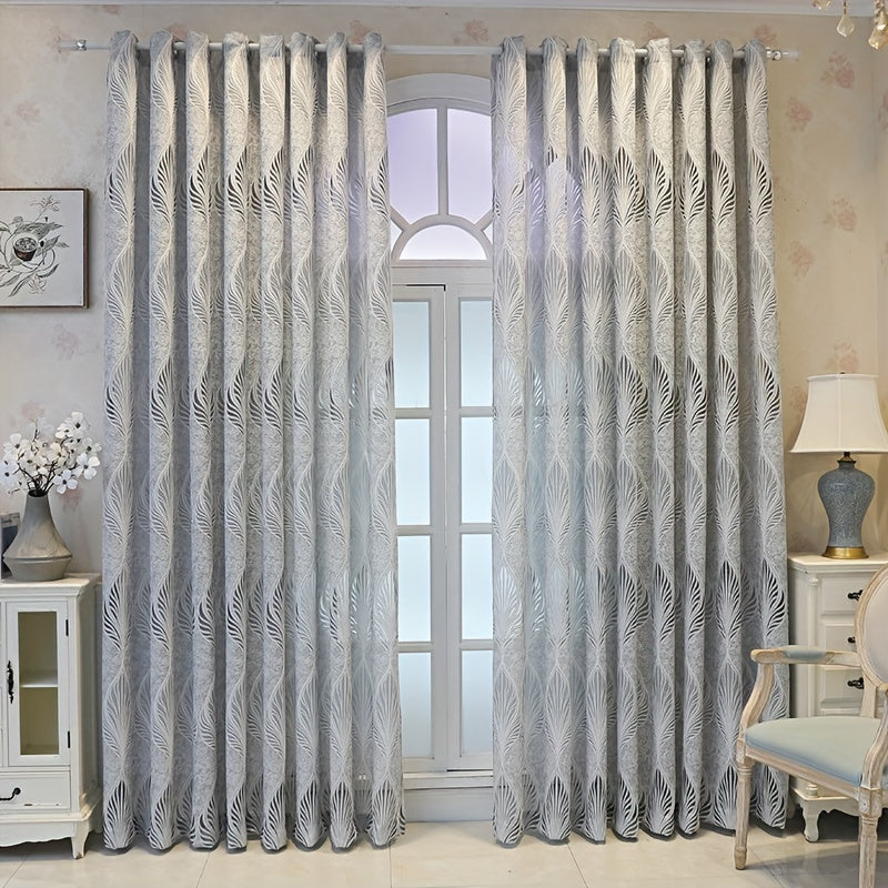 1pc European-Inspired Vintage Grey Hollow Feather Leaf Jacquard Woven Semi-Sheer Unlined Curtain with Grommet Top - Adds Elegance and Privacy to Your Living Room, Bedroom, Office, or Kitchen - Artsy, All-Season, Uncorded, and Easy to Hang