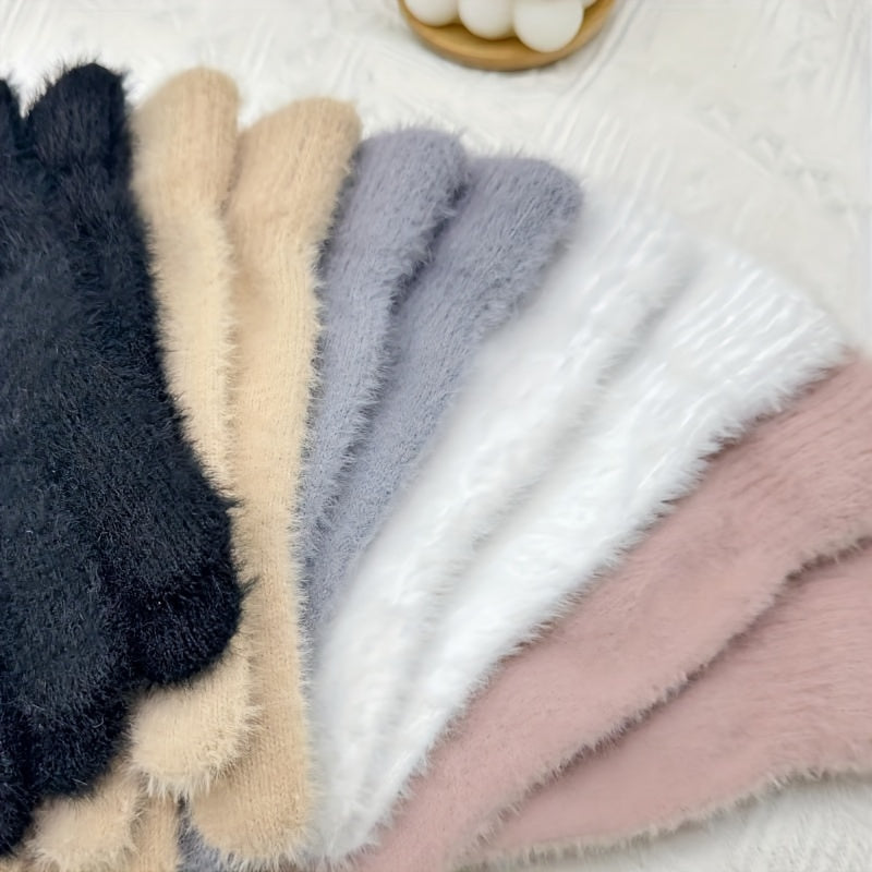 2pcs Elegant Solid Color Faux Mink Gloves - Warm, Stretchy Knit For Autumn & Winter | Non-Slip Grip, Perfect For Casual Outings