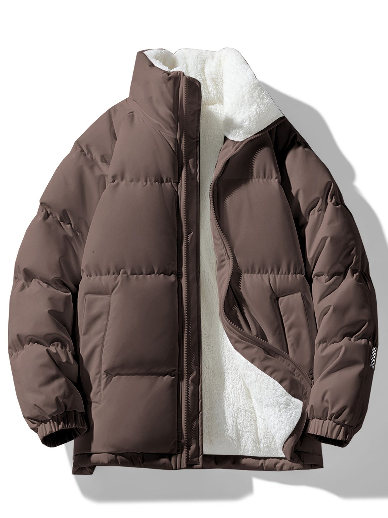 Men's Solid Puffer Coat With Pockets, Casual Breathable Stand Collar Zip Up Long Sleeve Fleece Warm Coat For Winter Outdoor Activities