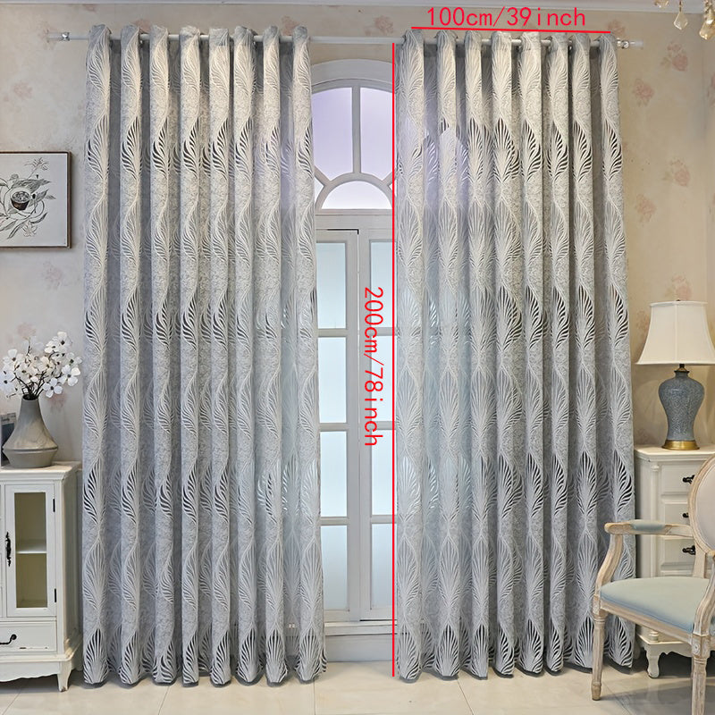 1pc European-Inspired Vintage Grey Hollow Feather Leaf Jacquard Woven Semi-Sheer Unlined Curtain with Grommet Top - Adds Elegance and Privacy to Your Living Room, Bedroom, Office, or Kitchen - Artsy, All-Season, Uncorded, and Easy to Hang