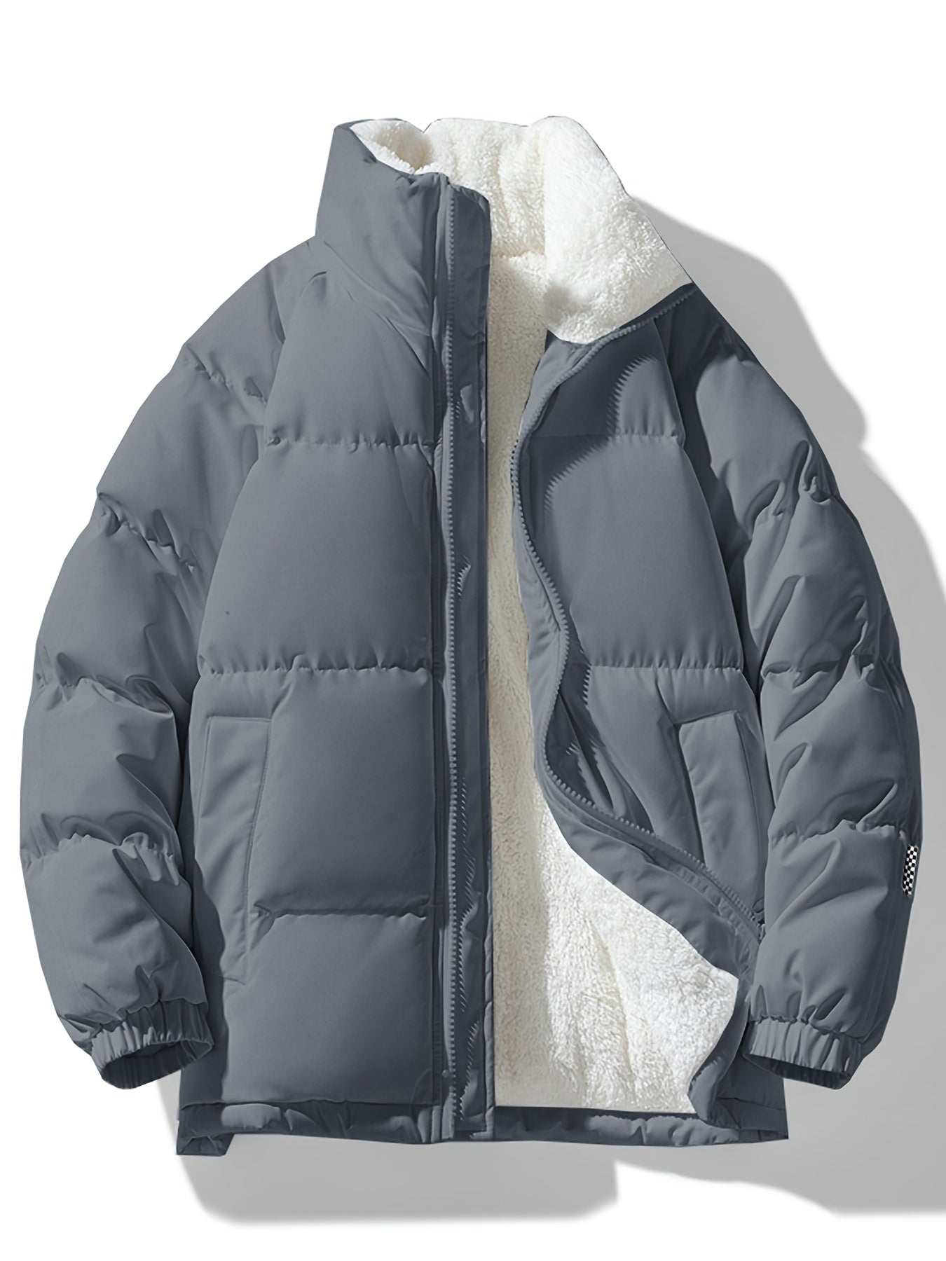 Men's Solid Puffer Coat With Pockets, Casual Breathable Stand Collar Zip Up Long Sleeve Fleece Warm Coat For Winter Outdoor Activities