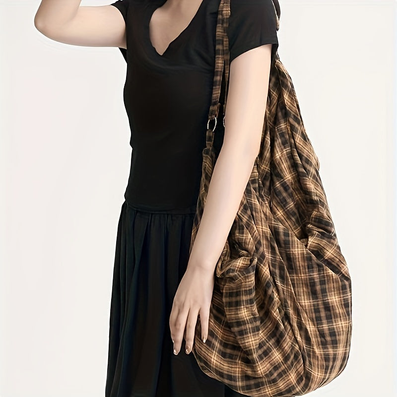 Chic Rock-Inspired Plaid Canvas Backpack - Spacious & Versatile for Work or Casual Outings, Durable Shoulder Straps, Zip Closure