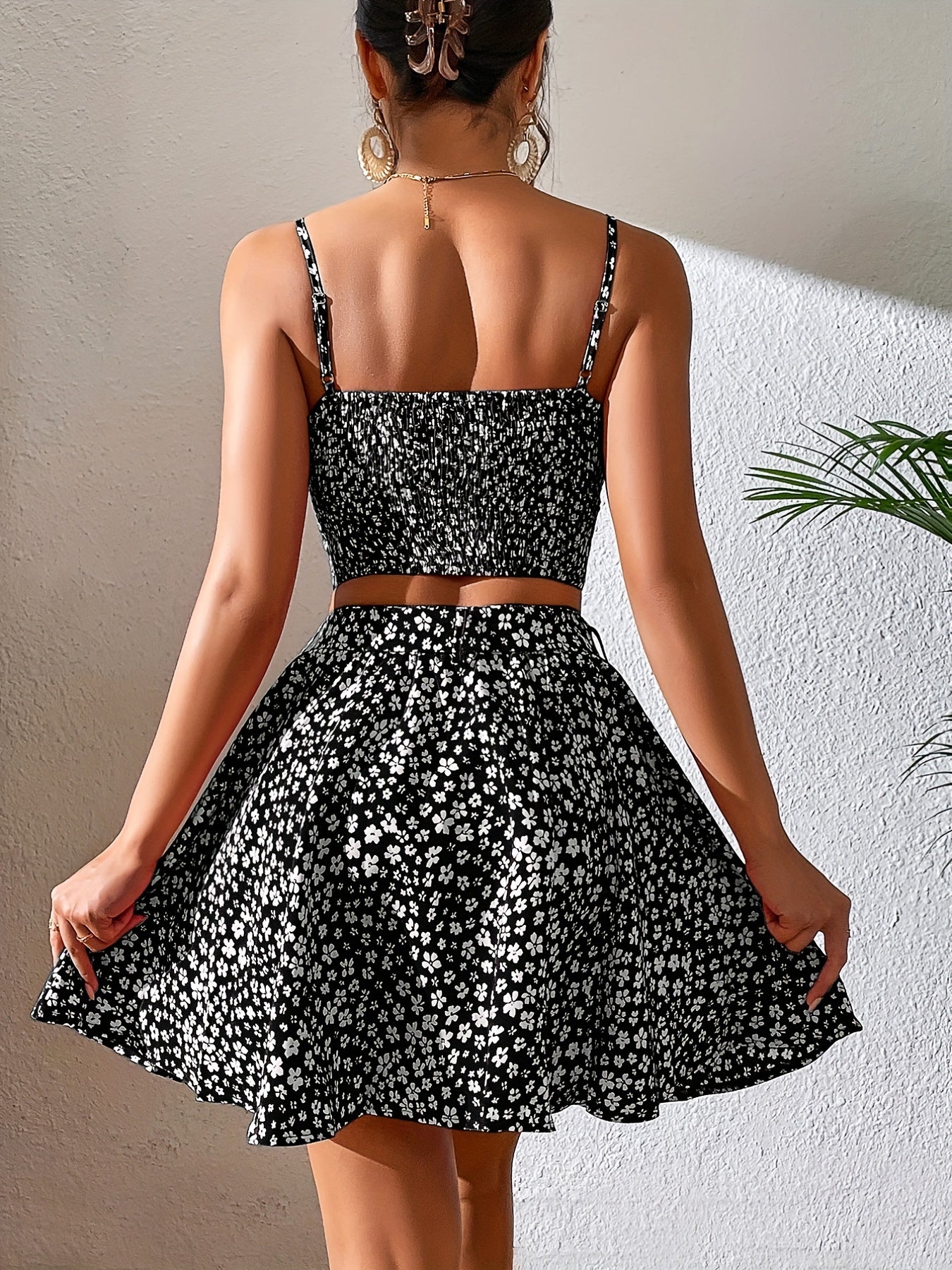 Spring/Summer Elegance: Ditsy Floral Crop Cami & Belted Skirt Set - Durable, Easy-Care Fabric, Ideal Comfort Fit