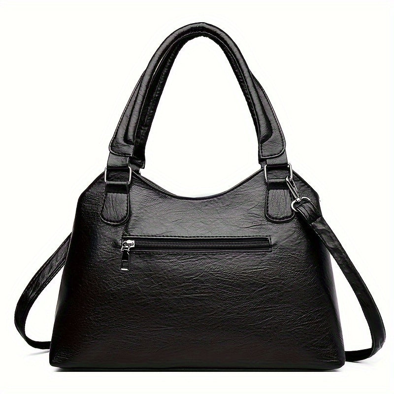 Women's Large Capacity Tote Bag, Vintage Style, Waterproof and Theft-Proof, Solid Color, Casual Versatile Handbag with Adjustable Strap, Zipper Closure, Polyester Lining, Faux Leather, No Print, No Edge Oil, Black