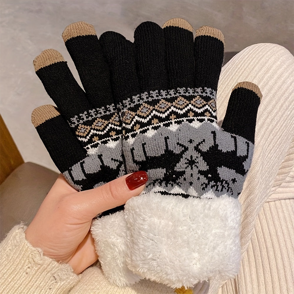 Cozy Fleece-Lined Winter Gloves with Cute Deer Jacquard Design - Touchscreen Compatible, Warm & Windproof for Outdoor Activities