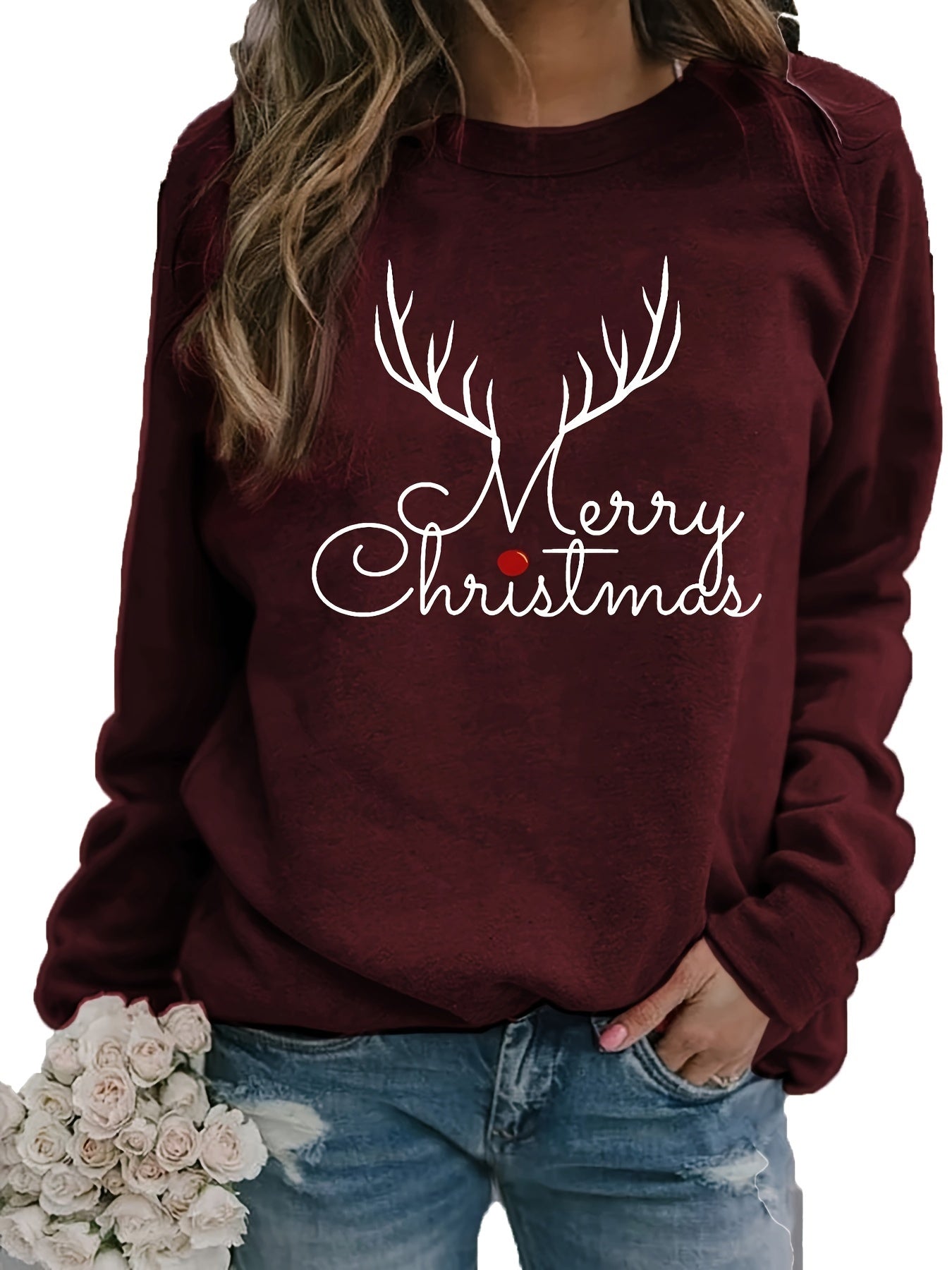 Women's Festive Christmas Print Sweatshirt - Casual Crew Neck, Long Sleeve Pullover for Fall & Spring, Cotton Blend
