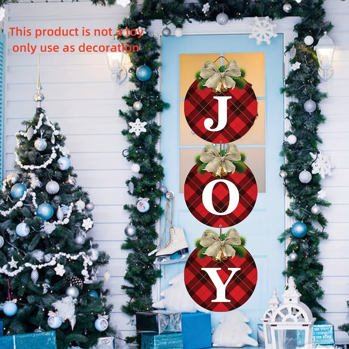 3pcs Rustic Christmas JOY Signs, Buffalo Plaid Christmas Wreaths For Front Door - Christmas Pendant, Holiday Xmas Garage Door Wall Decorations Indoor Outdoor Decor