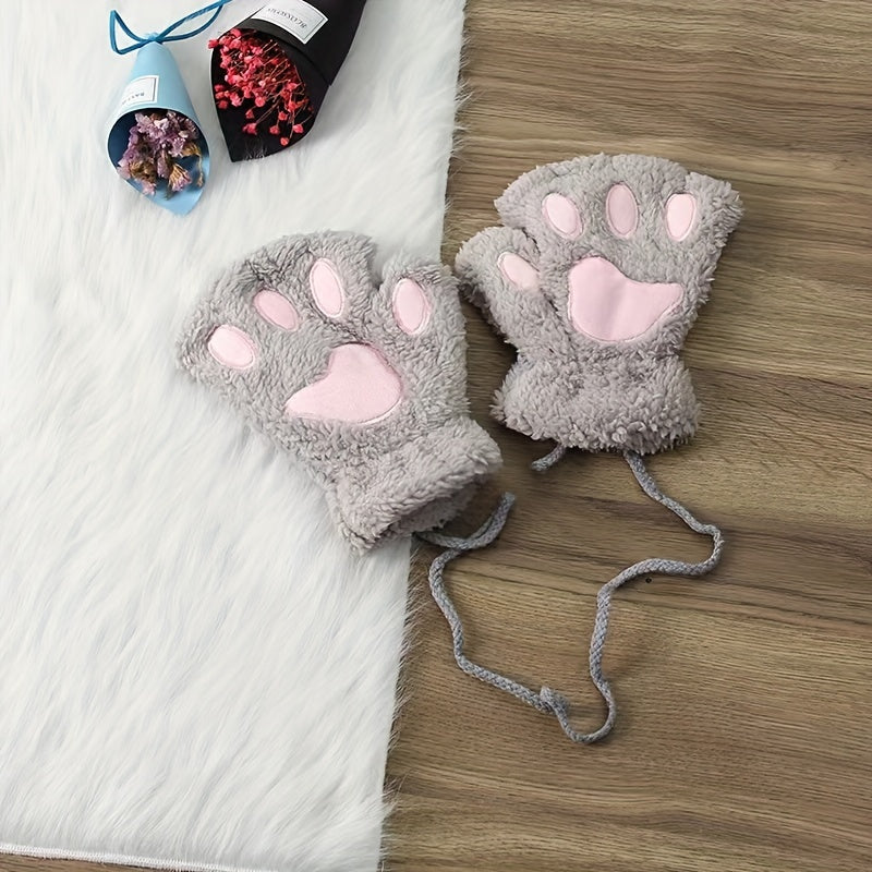 2 Pairs of Adorable Cartoon Cat Paw Plush Half Finger Gloves - Warm, Thickened, Exposed Fingers, Bear Paw Design for Men and Women in Winter - Perfect for Cute Girls in Europe and America