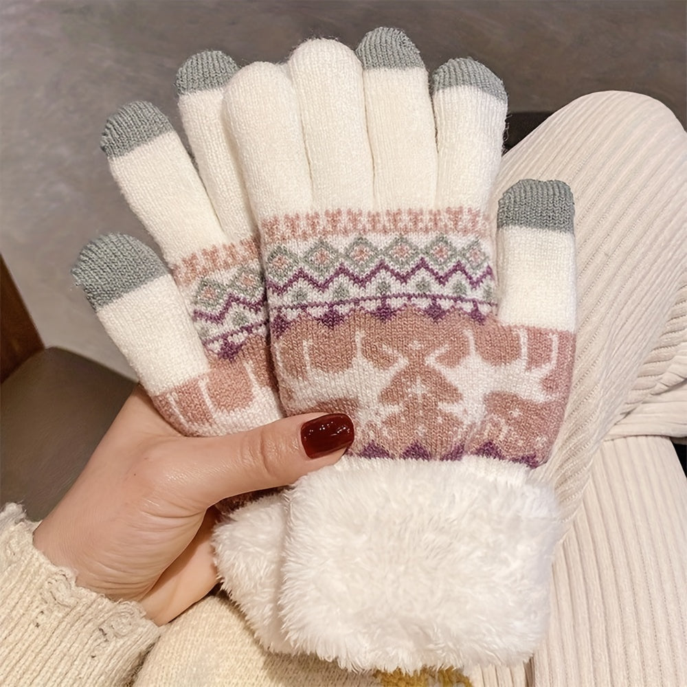 Cozy Fleece-Lined Winter Gloves with Cute Deer Jacquard Design - Touchscreen Compatible, Warm & Windproof for Outdoor Activities