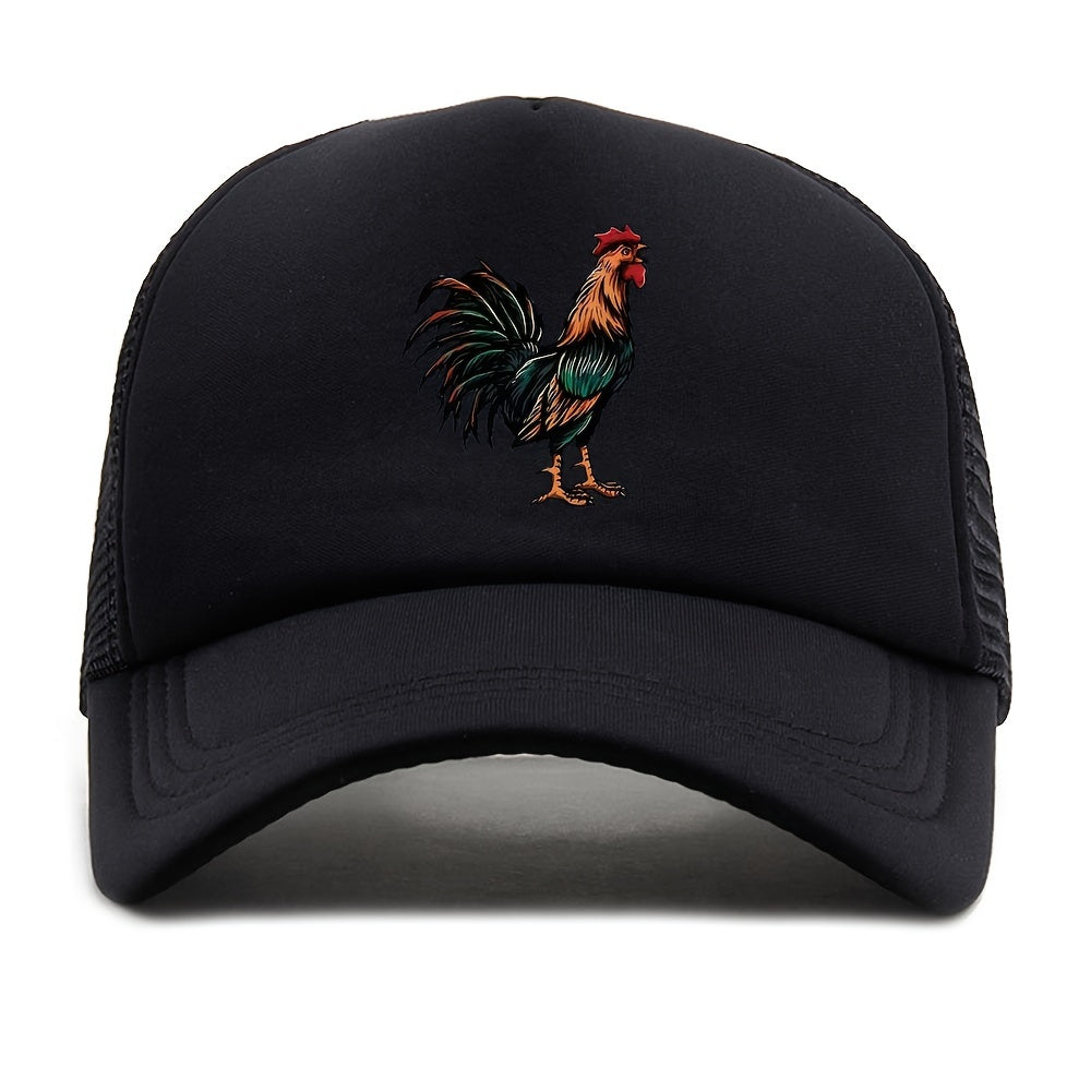 Retro Rooster Print Curved Brim Baseball Cap - Breathable Mesh Trucker Hat with Snapback Closure, Perfect for Casual Leisure Outdoor Sports, Unisex Fashion Accessory for Summer, Spring, and Fall