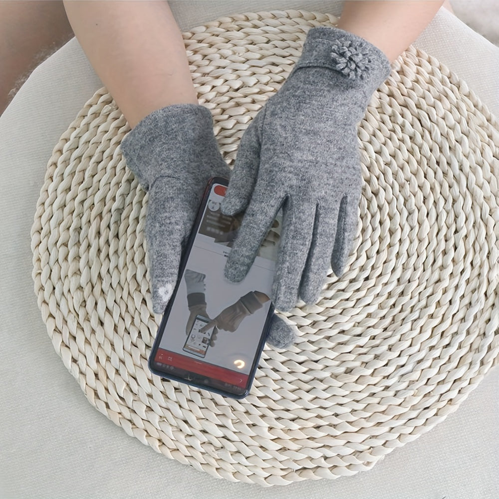 Simple Daisy Flower Decor Gloves Elegant Solid Color Warm Touchscreen Gloves Autumn Winter Coldproof Riding Gloves