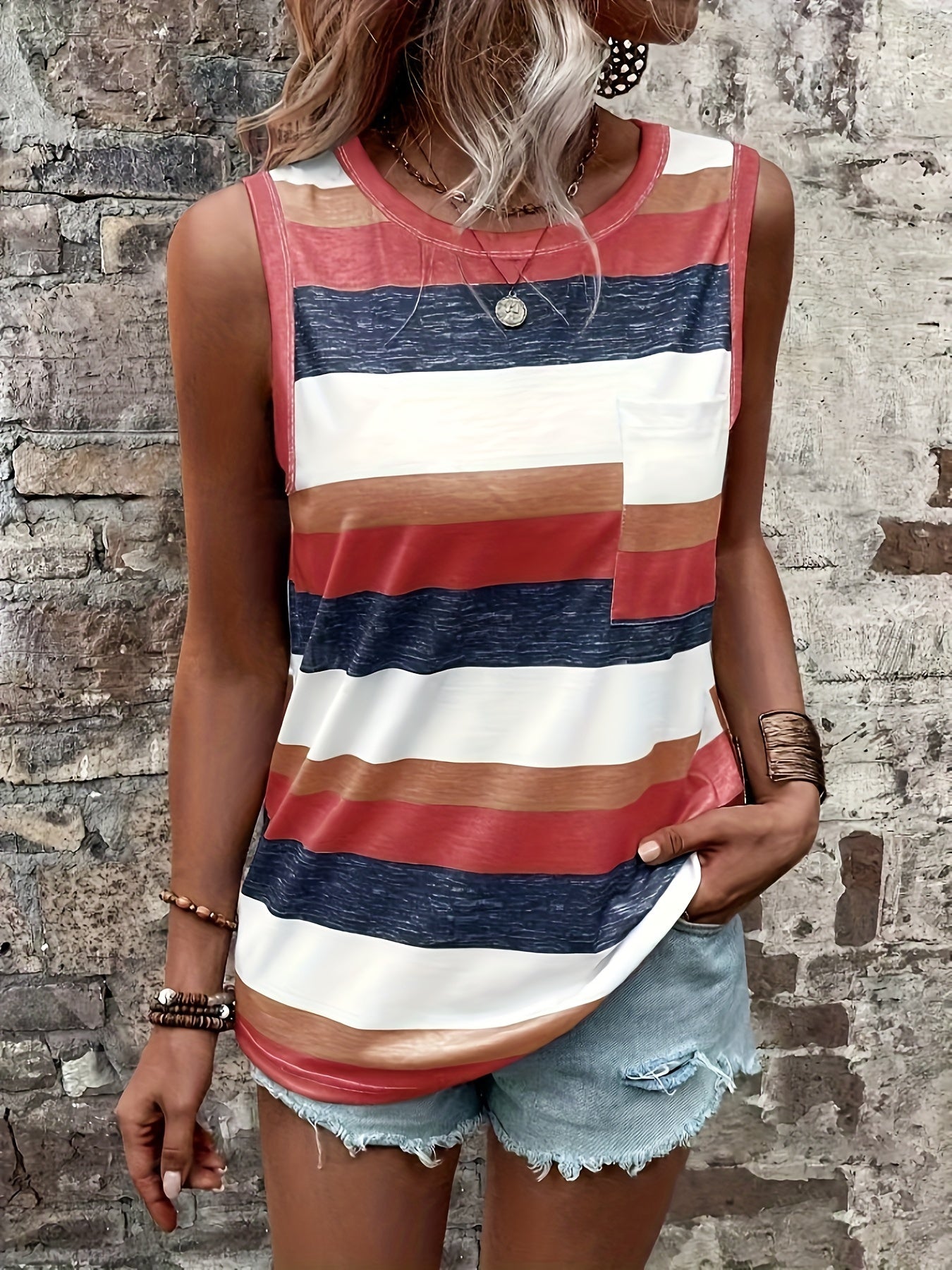 Vibrant Striped Crew Neck Tank Top - Soft Micro Elasticity Polyester Fabric, Elegant Knit Sleeveless Design, Random Printed, Perfect for Summer - Womens Casual Wear