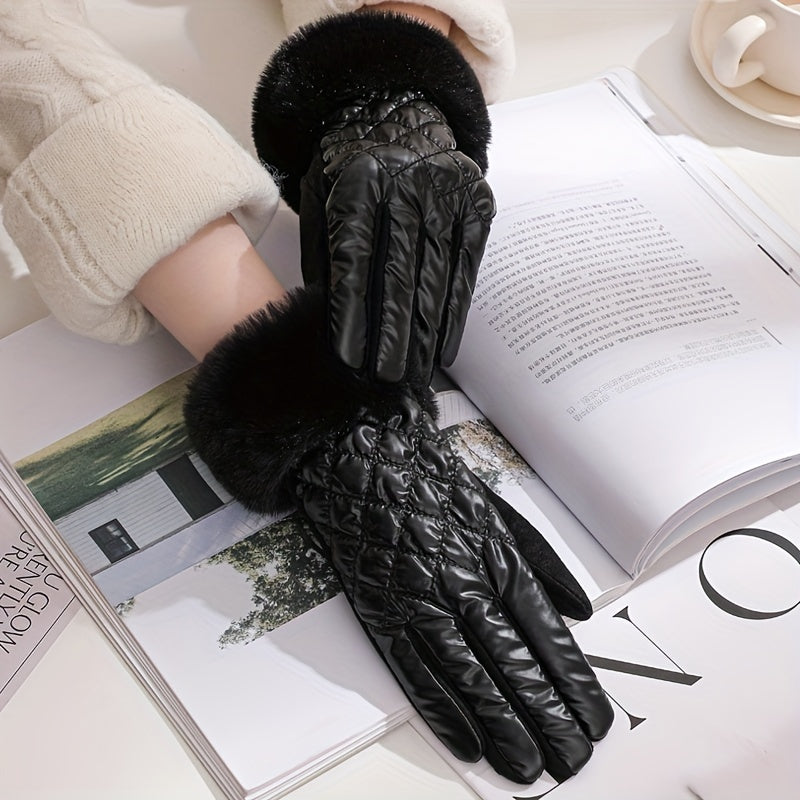 Women's Fashion Quilted Polyester Full Finger Gloves with Faux Fur Trim - Inelastic, Warm, Windproof, Knitted Craftsmanship for Weekend Casual Wear - Pack of 1 Pair