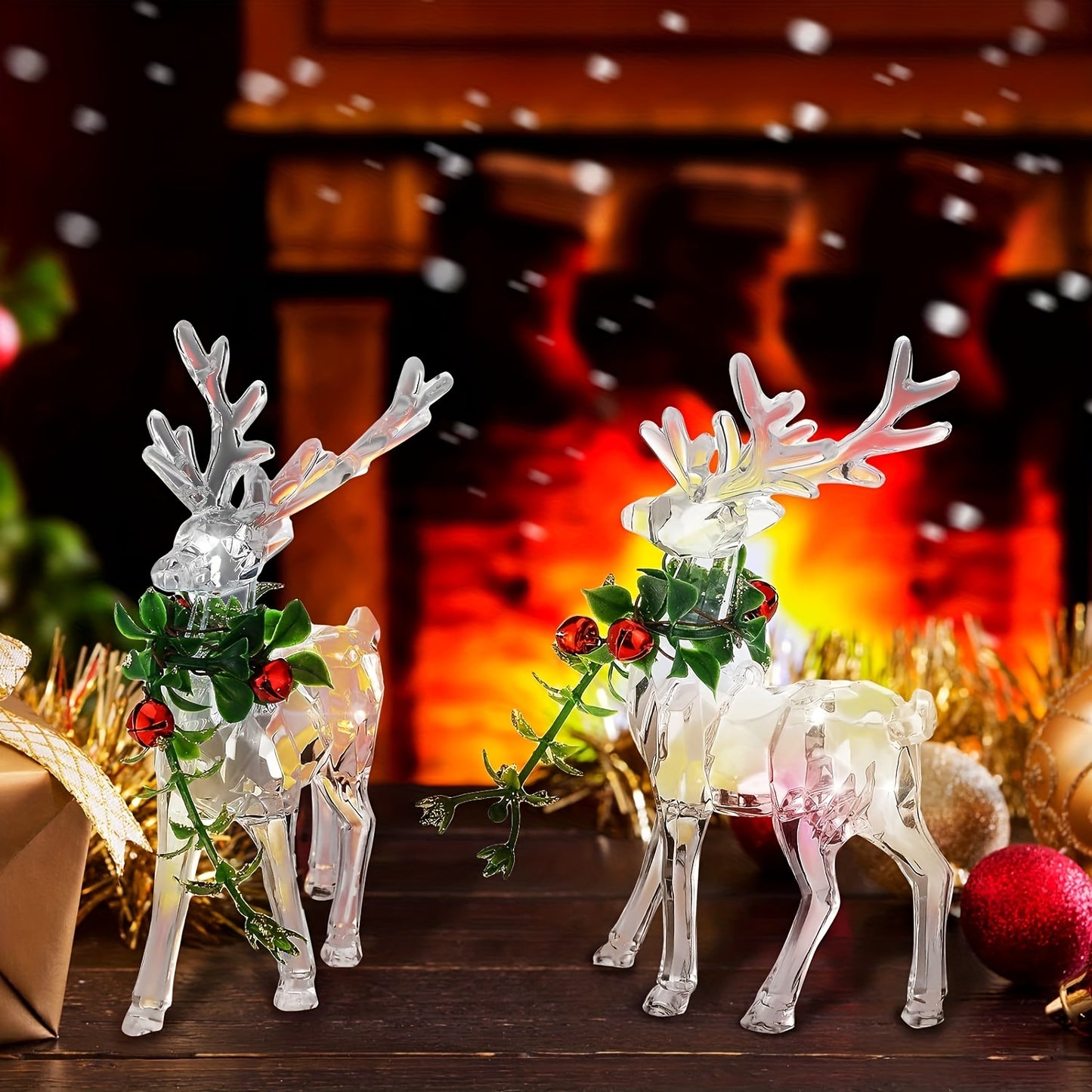 2pcs Vibrant Acrylic Reindeer Ornaments - Clear Deer Figurines with Red Bells, Sparkling Tabletop Decorations for Holiday Table Centerpiece, Christmas Decor, Festive Home Decorations, Indoor Decor