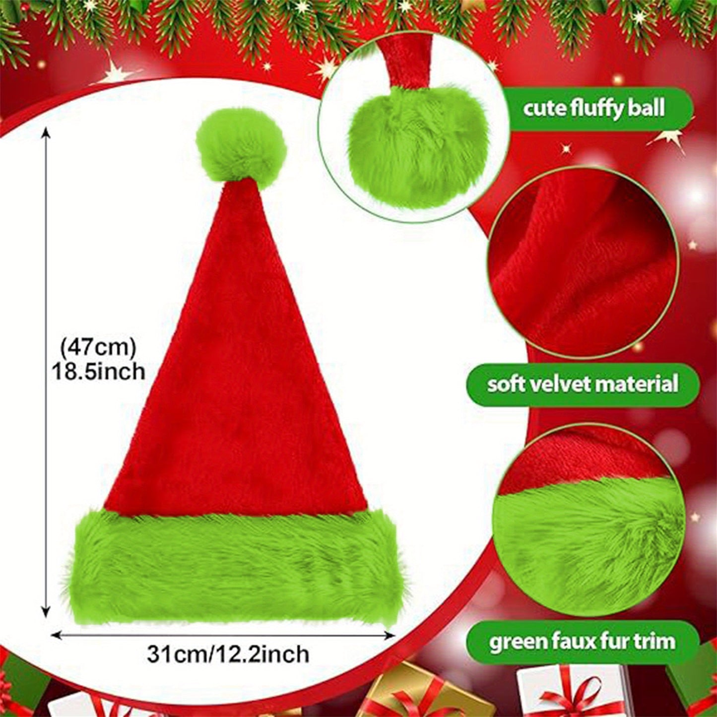 Christmas Adults Hat Plush Green Monster Red and Green Comfortable Soft Fashion Cap