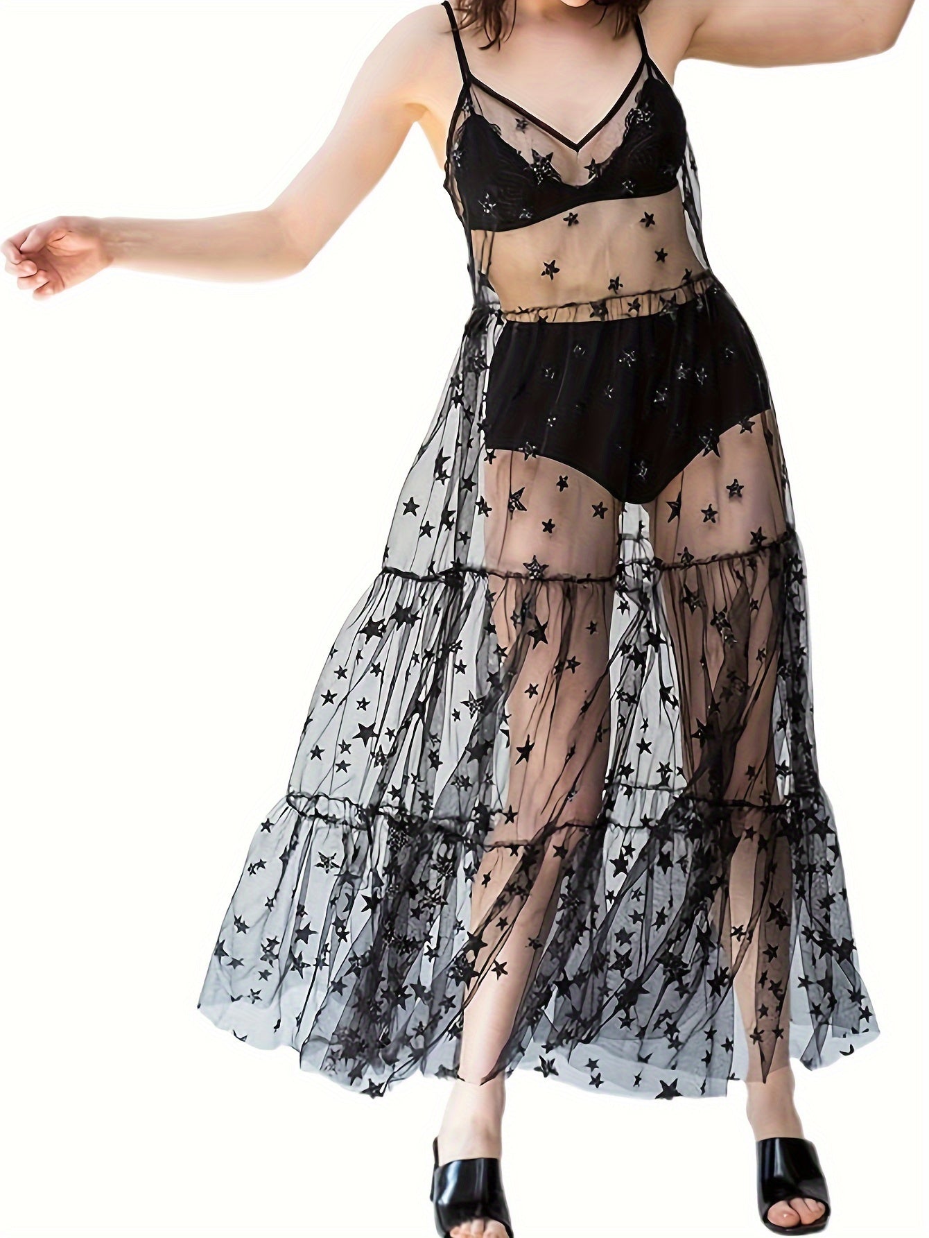 VAKKV Starry Night Sheer Mesh Cover Up Dress - Flirty Ruffles, Spaghetti Straps Cami Style - Womens Beach to Bar Holiday Wear