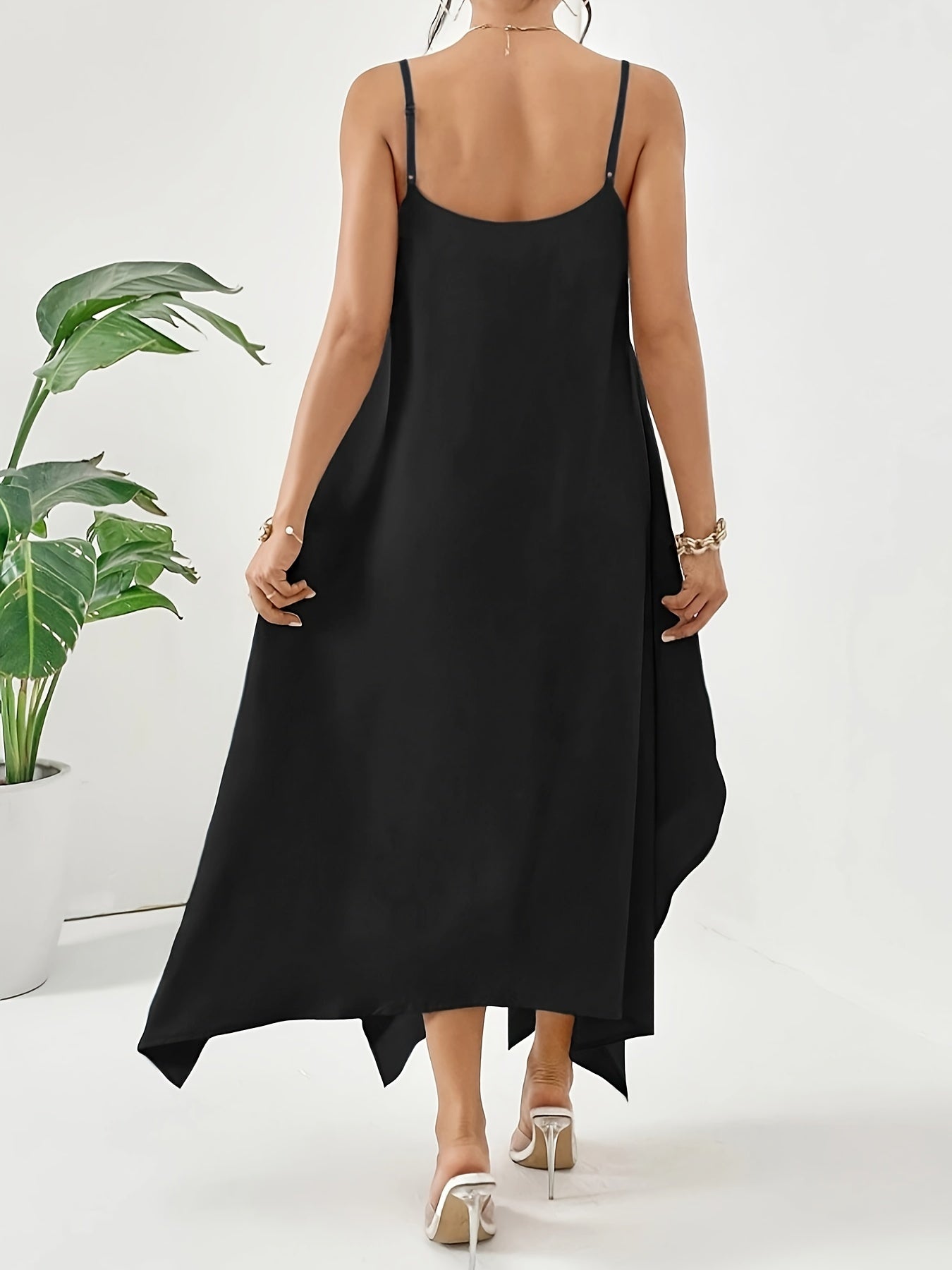 VAKKV Solid Asymmetric Hem Cami Dress, Casual Sleeveless Spaghetti Strap Dress, Women's Clothing