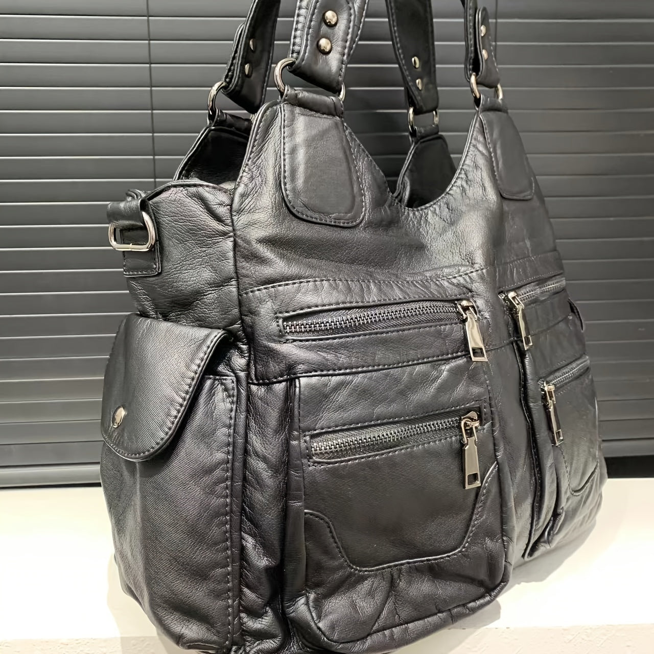 Large Capacity Vintage Multi-Pocket Faux Leather Tote Bag for Women with Removable Strap and Zipper Closure - Polyester Lined Work Bag from Guangzhou with Edge Painted Accessory-Free Design