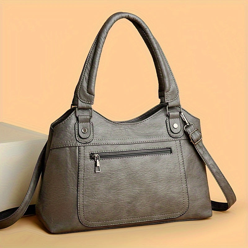 Women's Large Capacity Tote Bag, Vintage Style, Waterproof and Theft-Proof, Solid Color, Casual Versatile Handbag with Adjustable Strap, Zipper Closure, Polyester Lining, Faux Leather, No Print, No Edge Oil, Black