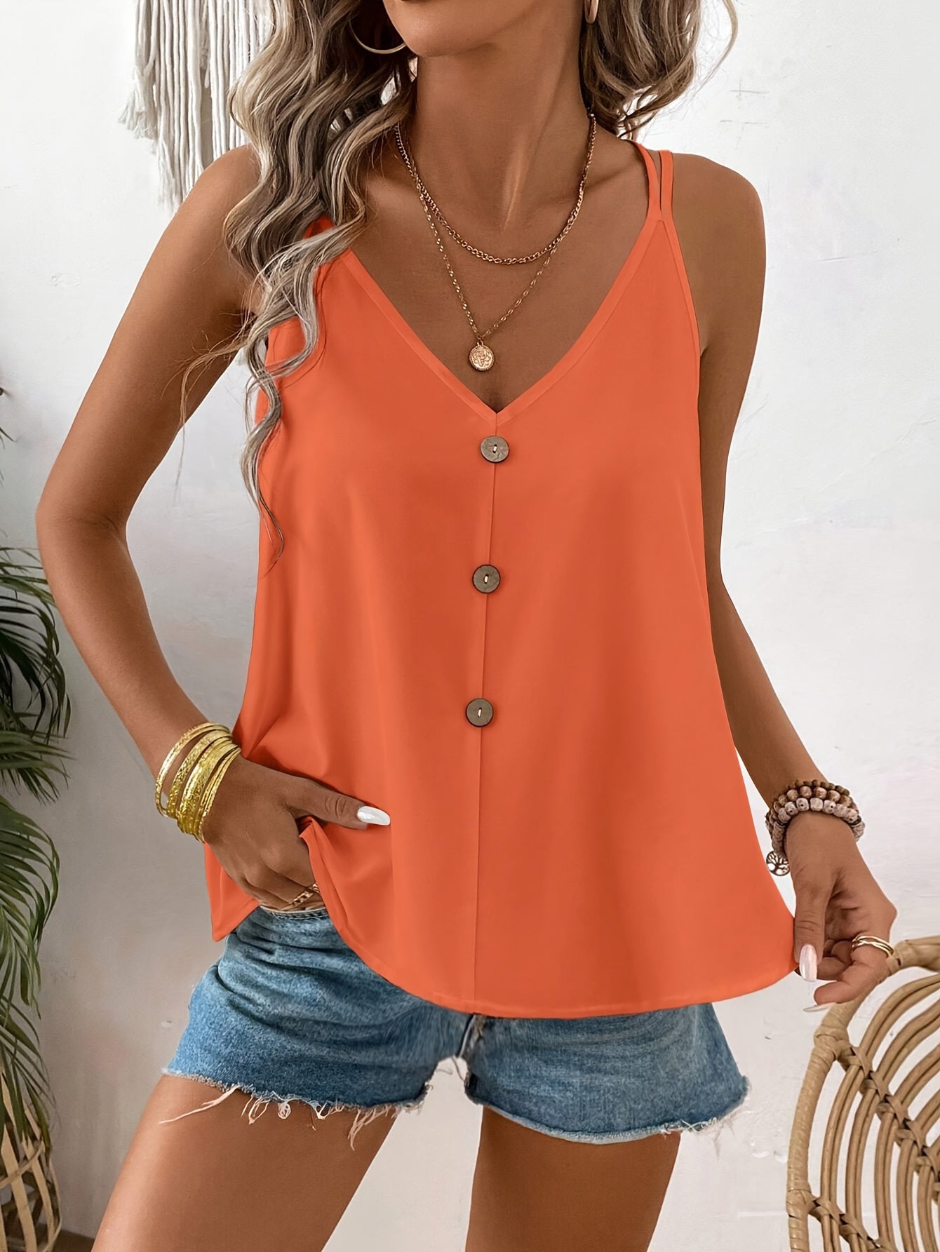 V Neck Spaghetti Strap Cami Top - Elegant Solid Color Sleeveless Shirt with Fake Buttons for Spring and Summer - Womens Regular Length Dacron and Spandex Semi-Sheer Woven Clothing