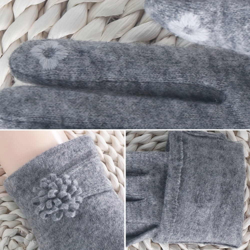 Simple Daisy Flower Decor Gloves Elegant Solid Color Warm Touchscreen Gloves Autumn Winter Coldproof Riding Gloves