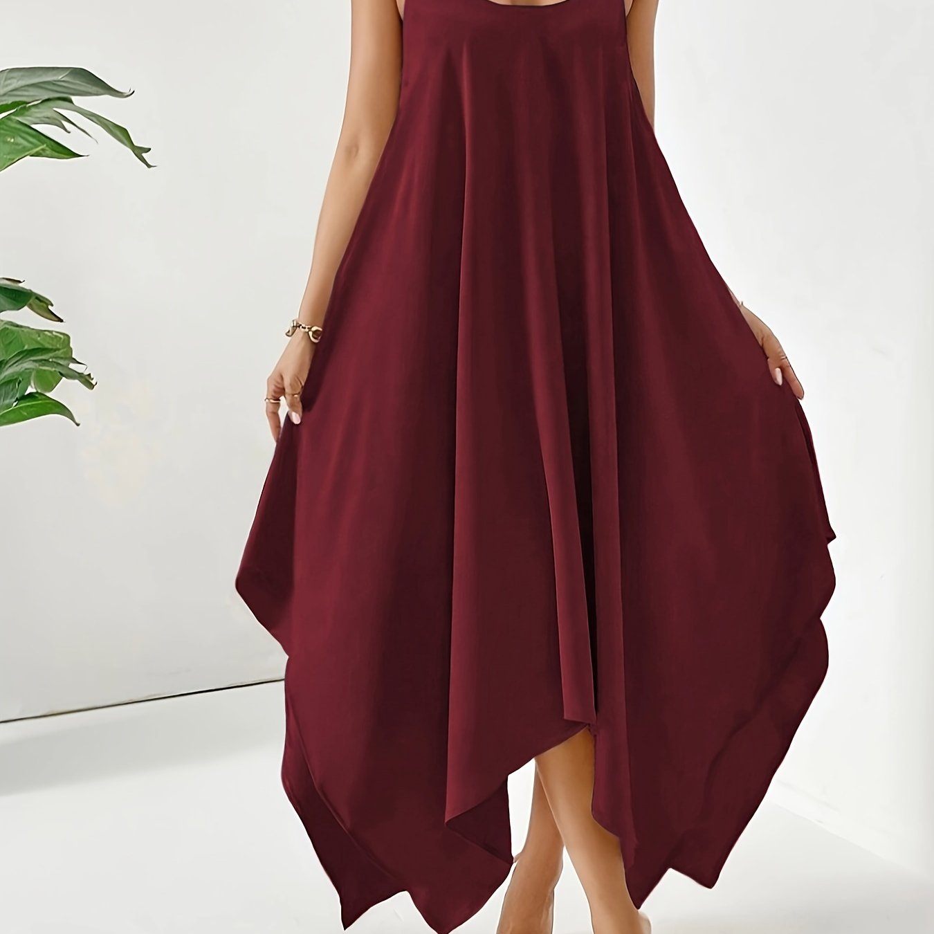 VAKKV Solid Asymmetric Hem Cami Dress, Casual Sleeveless Spaghetti Strap Dress, Women's Clothing