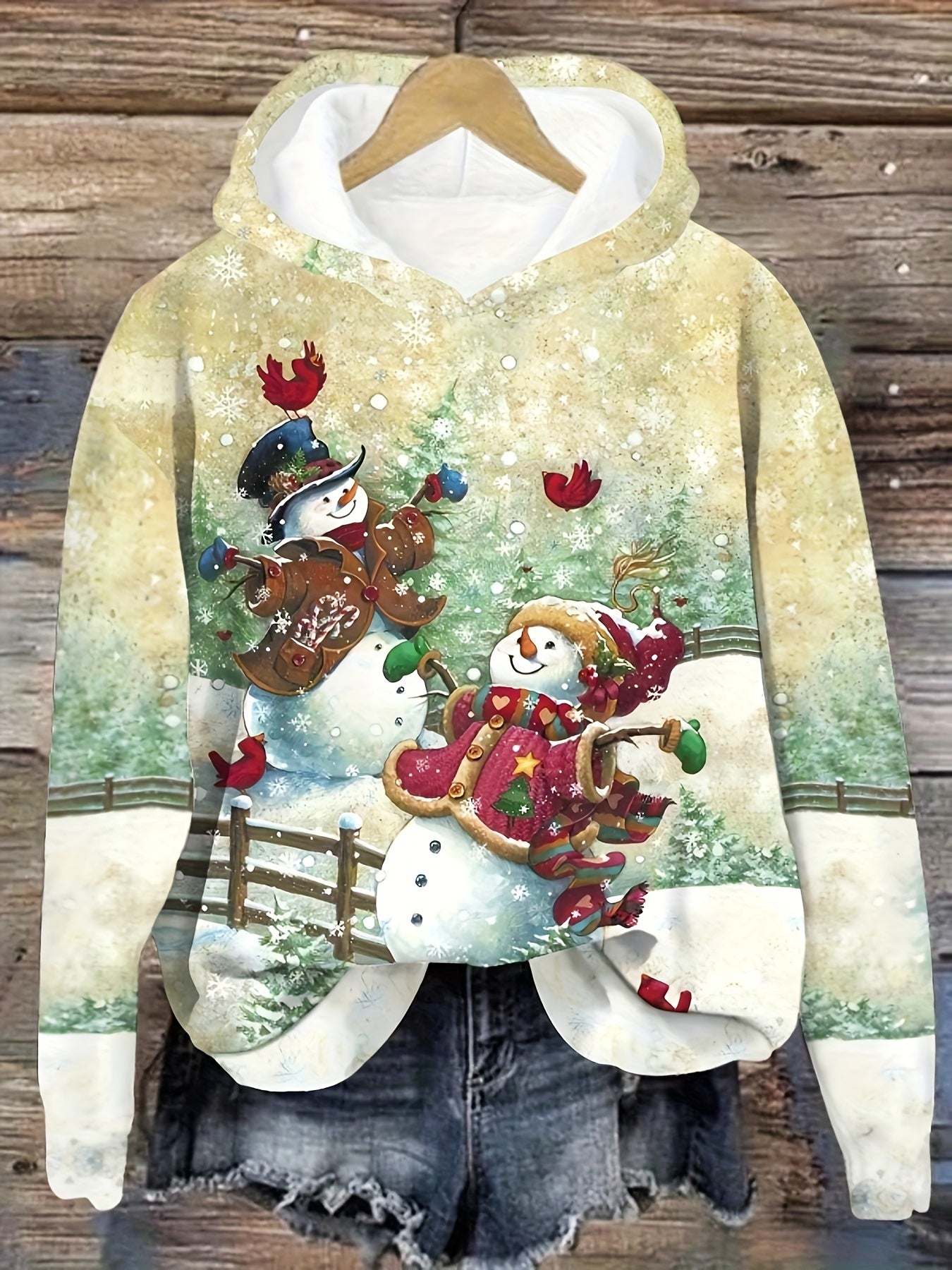 Women's Christmas Snowman Print Hoodie, Casual Polyester Pullover with Long Sleeves, Festive Holiday Sweatshirt for All Seasons