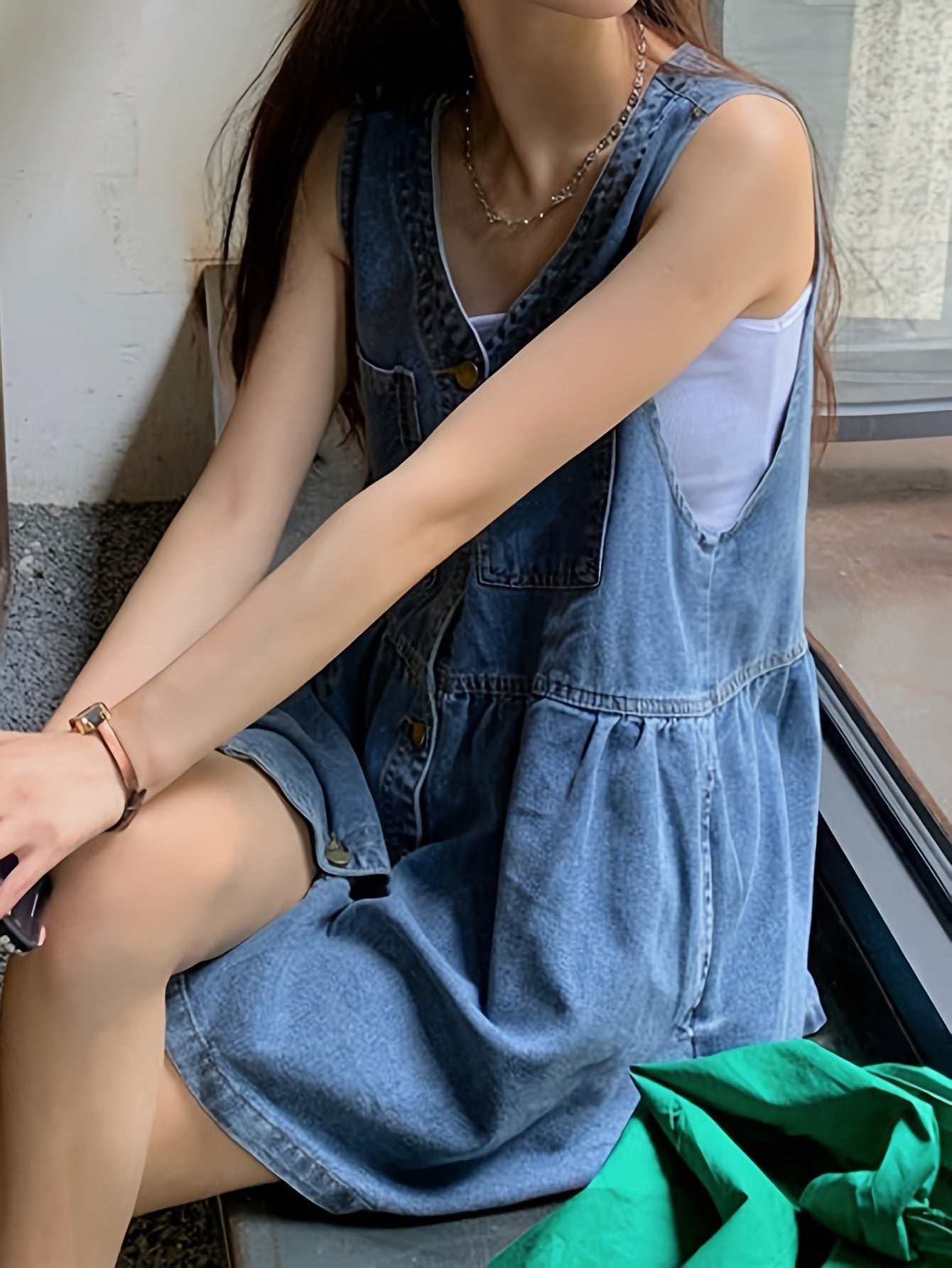Plain Washed Blue V Neck Button Closure Sleeveless Casual Style Denim Dress, Women's Denim Jeans & Clothing