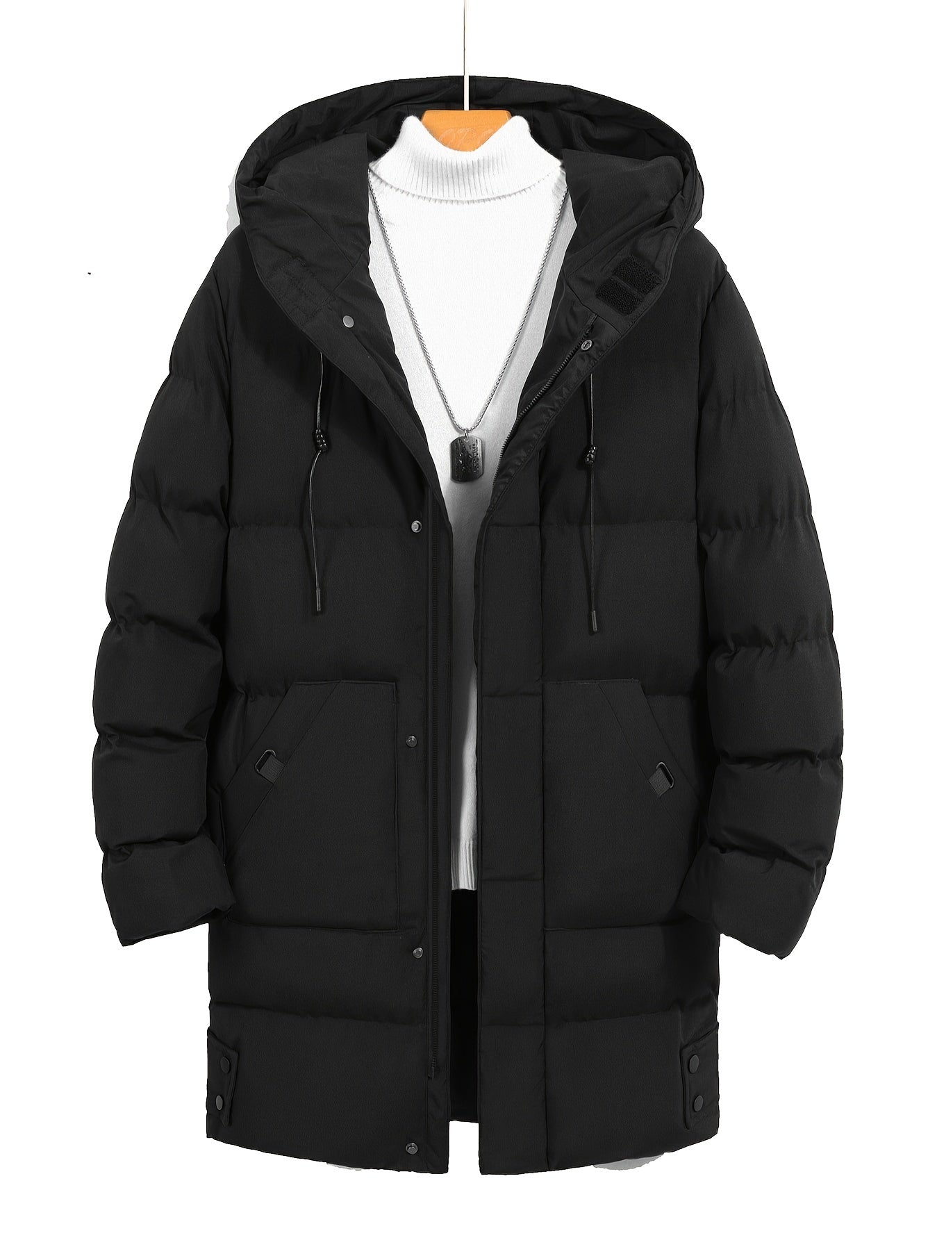 Men's Warm Puffer Coat, Casual Slightly Stretch Breathable Hooded Down Jacket For Outdoor Winter