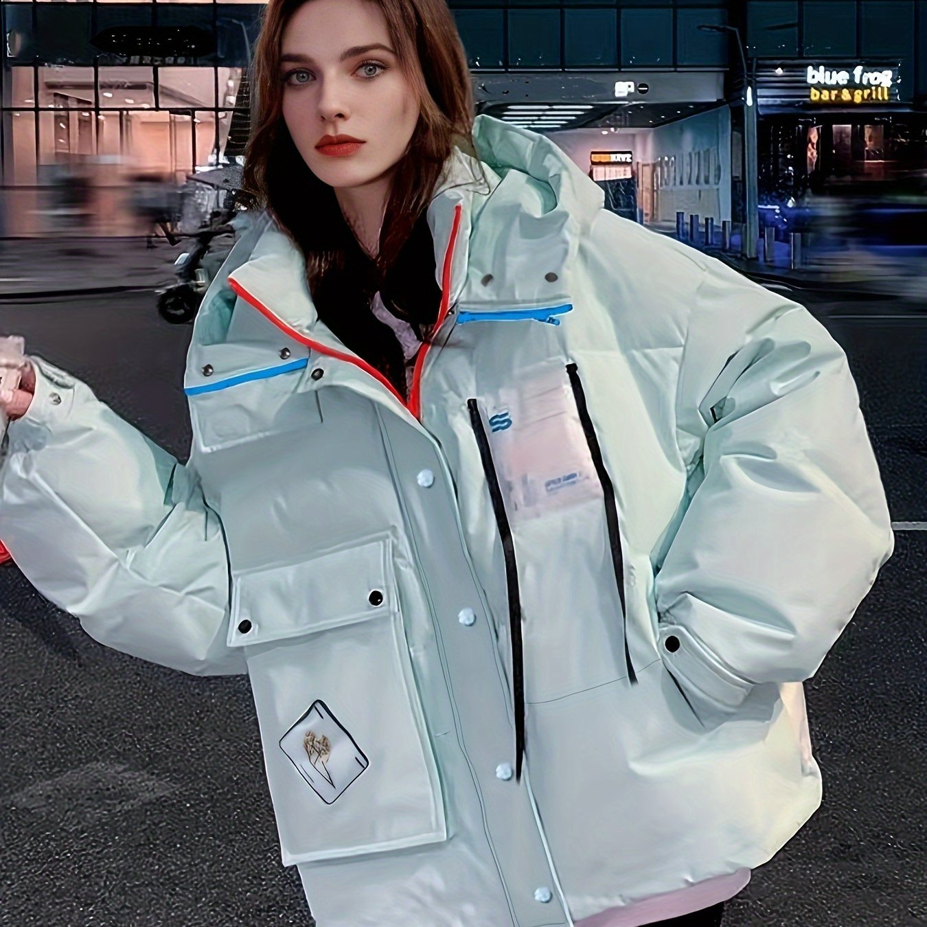 Contrast Trim Zip Up Down Jacket, Elegant Long Sleeve Hooded Coat For Winter, Women's Clothing